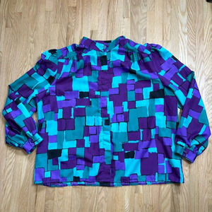 Vintage en vogue Oversized Baggy Color block Long Sleeve Button Up  Blouse Top